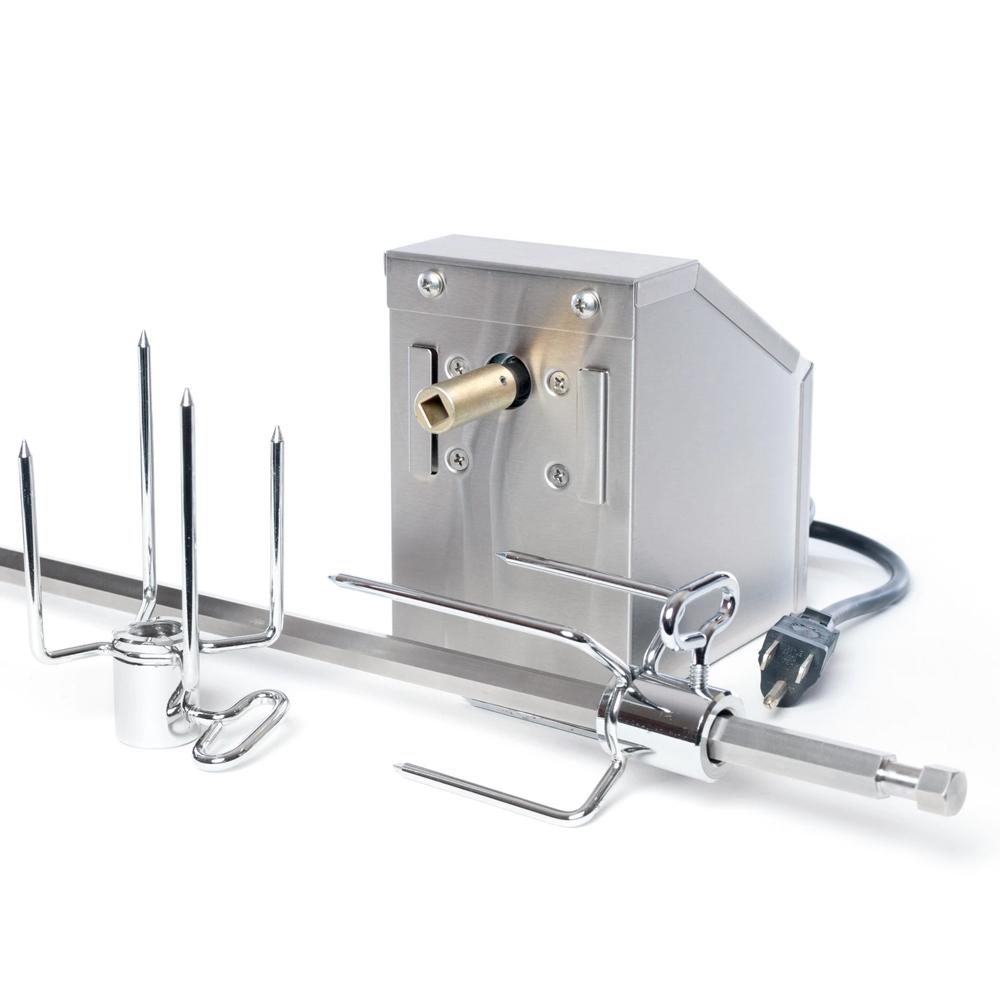 Hasty Bake Rotisserie Kit with slotted motor, mounting bracket, forks, and spit rod