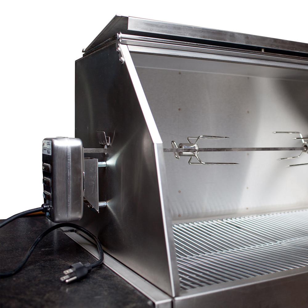Hasty Bake Rotisserie Kit with slotted motor, mounting bracket, forks, and spit rod