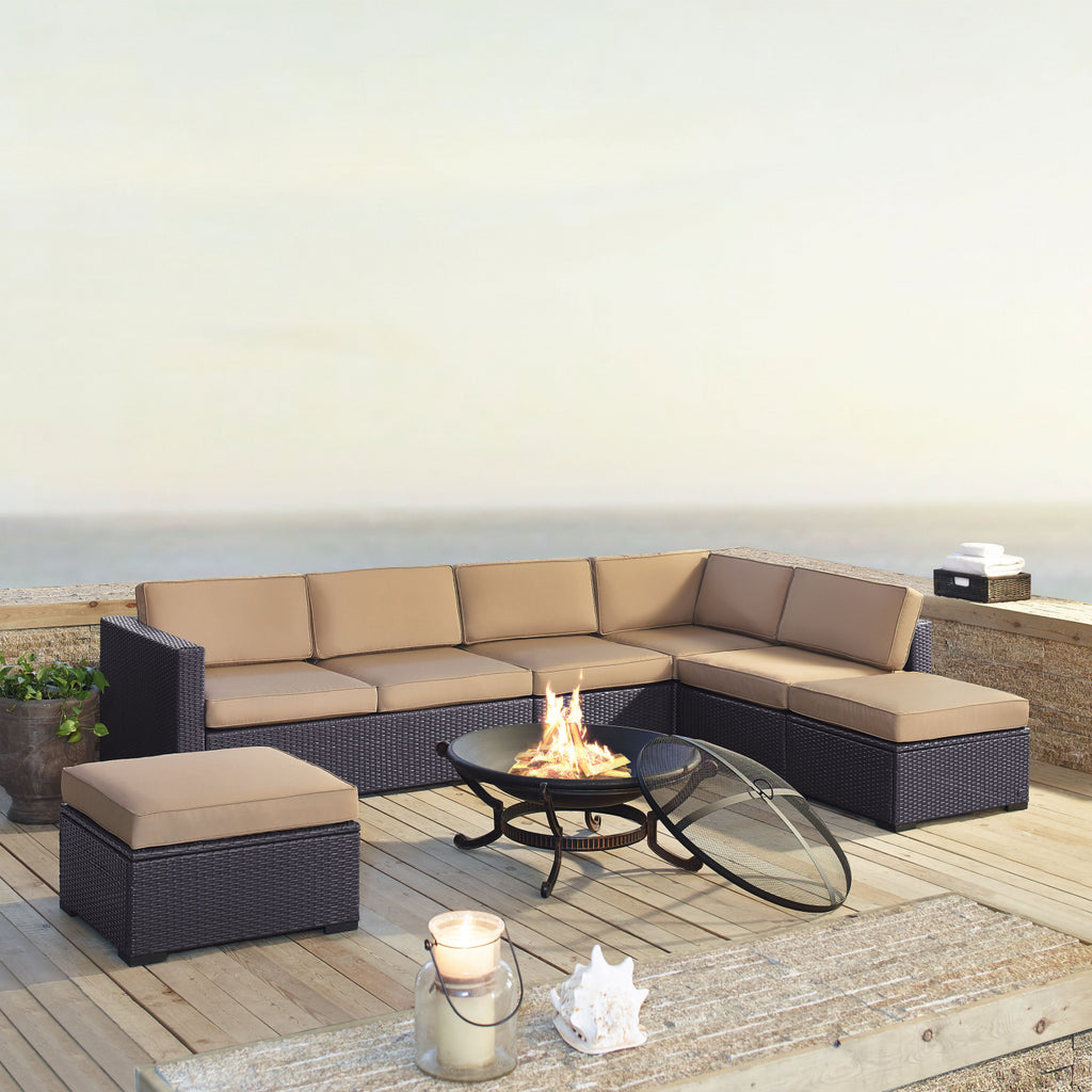 Crosley Brands Biscayne 6Pc  Outdoor Wicker Sectional Set W/Fire Pit
